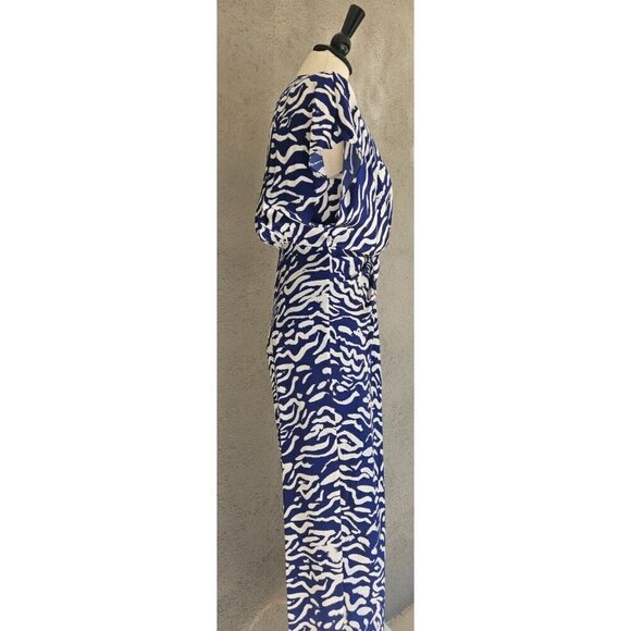 PRABAL GARUNG Blue and White Printed Silk Long Dress Ruched Bodice Size 8 - Picture 3 of 11